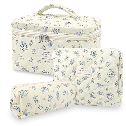 Aucuu 3PCS Coquette Makeup Bag, Quilted Makeup Bag for Women, Floral Cotton Cosmetic Bag Set, Large Capacity Aesthetic Floral Toiletry Bag, Travel Toiletry Bag, Wash Organizer Pouch for Women Girls
