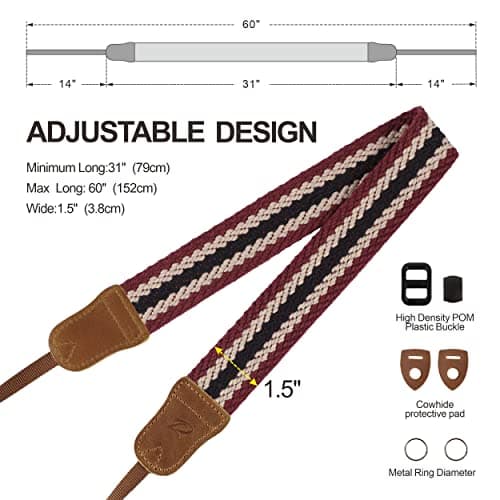 Padwa Lifestyle Stripes Camera Strap - 1.5" Crazy Horse Cowhide Head Soft Cotton Rope Weave Camera Straps for Photographers and All Cameras,Cute Adjustable Vintage Woven Strap for Adults & Kids — view 5