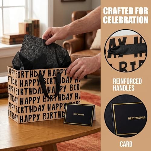 AIKOBAA Birthday Gift Bag – Large Happy Birthday Bag for Men Boys – Gift Bags for Men with Black Tissue Paper & Greeting Card – Birthday Gift Bags for Him — view 6