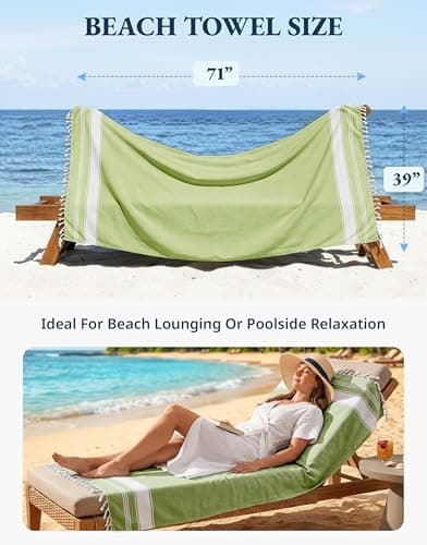 LANE LINEN Turkish Beach Towel 2 Pack, Oversized Towels 39"x71", Cotton Rich Lightweight Beach essentials For Women, Large Pool Towel, Absorbent & Quick Dry, Sand Free - Jade Lime — view 4