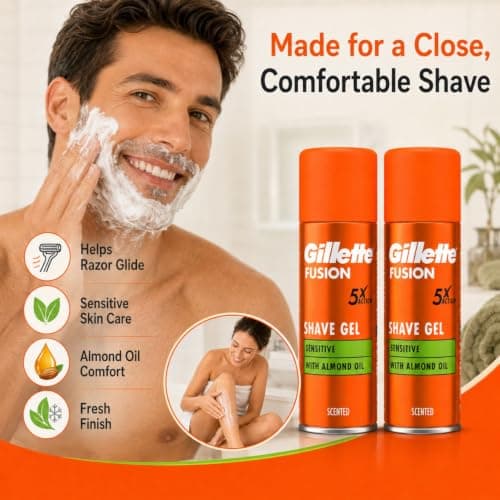 Gillette Fusion Sensitive Shaving Gel for Men with Almond Oil, Pack of 2 x 75ml Travel Size Cans, Cabin Bag Essentials for Holidays and Flights, 150ml Total — view 4
