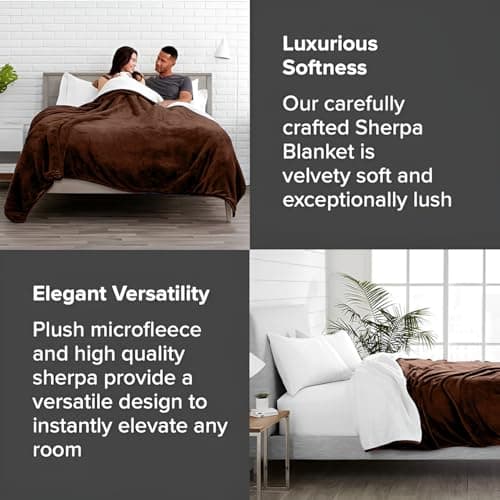 Casabella Sherpa Fleece Blanket - Blankets and Throws for Sofa Bed - Thick Warm Throw Blanket for Queen Bed - Soft Fluffy Bedding, Travel Accessories - Queen, Brown, 200X220cm — view 5