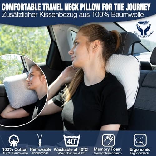 alkamto Travel Pillow - Ergonomic Neck Support Memory Foam with Temperature-Regulating Pillowcase - Includes Extra Cotton Cover and Carry Bag (15,7 x 10,6 x 3,9 In - White + Extra Cover) — view 6