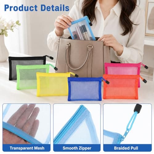 Colourful Mesh Zipper Pouches, Travel Organiser Storage Bags, 7 Pack — view 2