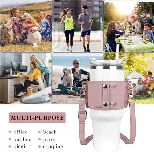 Linkidea Vegan Leather Water Bottle Carrier, Compatible with Stanley Quencher H2.0 30oz/40oz, Simple Modern 40oz Tumbler, Pink — view 6