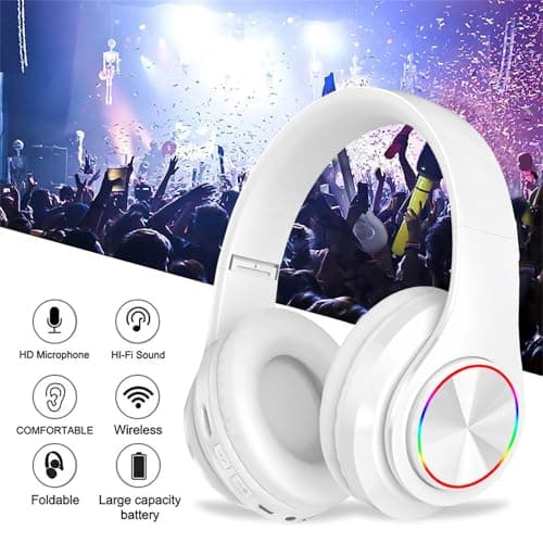 STFMHEZ Bluetooth Headphones Over Ear, Foldable Wireless Headset, Lightweight Headphones with Built-in Noise Reduction Microphone, FM, SD/TF for Online Class, Office, PC, Phone (White) — view 3