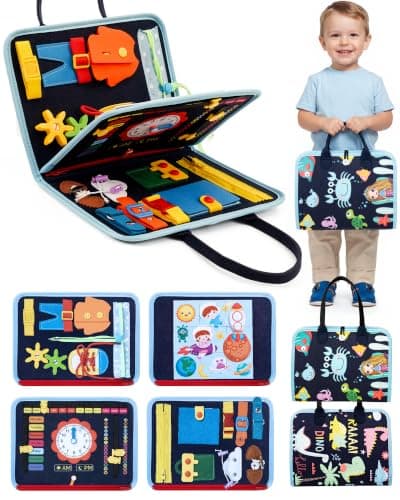 BZGG 4-Page Busy Board & Busy Book Montessori Toy, Sensory Activity Board for Fine Motor Skills, Travel Toy for Car Plane, Gift for Toddlers Boys Girls (Bule)