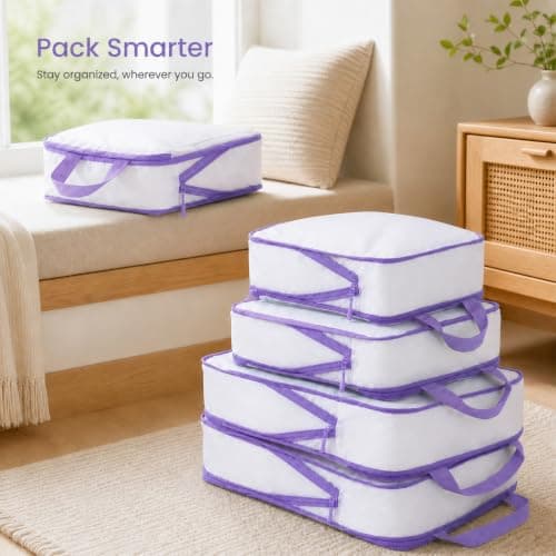 Travel Compression Packing Cubes – 6 Set Recycled Ripstop Nylon Suitcase Organiser, Space Saving Expandable Luggage Cubes with Shoes Bag, Zippers, Tear Resistant (purple, 6) — view 6