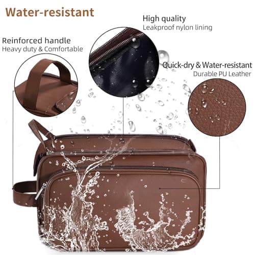 Large Toiletry Bag for Men, PU Leather Travel Toiletry Organizer, Dopp Kit Water-resistant Shaving Bag for Toiletries Accessories Toiletries Organizer Cosmetic Bags, Brown, XL, Toiletry Bag — view 3