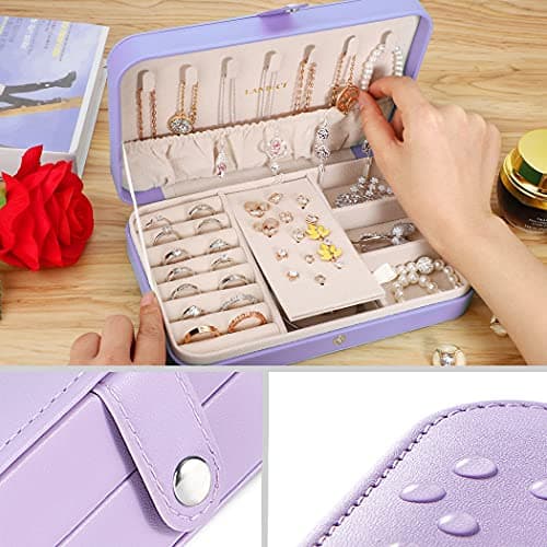 LANDICI Jewellery Box Small Jewellery Organiser for Women Girls, PU Leather Travel Jewellery Storage Case, Portable Jewellery Holder for Ring Earrings Necklace Bracelet, Jewellery Gift Box,Lavender — view 6