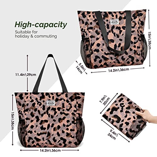 HOMESPON Large Waterproof Beach Tote Bag with Zip and Pockets for Women (Leopard Print) — view 6