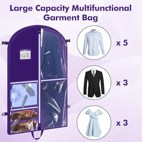 Hejo Dance Costume Bag with Compartments, 110×60cm Foldable Dance Costume Bag, Travel Garment Bag with 5 Clear Zipper Pockets, Waterproof Suit Cover, Suit Carrier for Coat Jacket Dress(Purple) — view 4