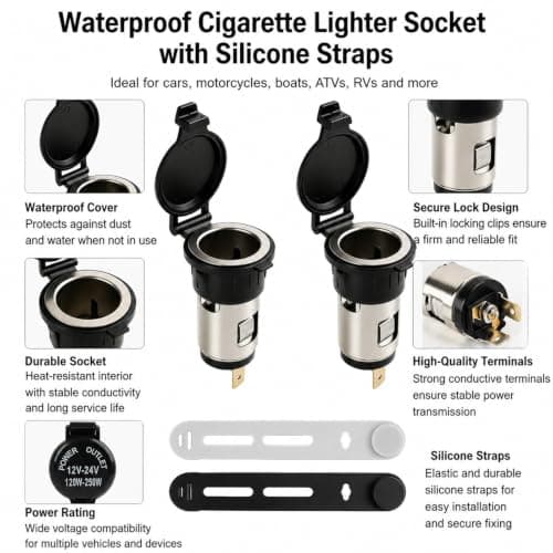 2 Pack 12V 120W Cigarette Lighter Power Socket Outlet with 4 Cable Ties, Female Socket Splitter Power Waterproof Plug Adapter Waterproof DC 12V-24V for Car, Motorcycle, Boat, Tractor, Riding Mower — view 3