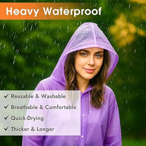JXJIUA Rain Poncho Raincoats for Adults Men/Women, 2 Pack Reusable Rain Jacket Rainwear with Hoods and Sleeves, Waterproof for Emergency, Outdoors, Camping(Purple) — view 5