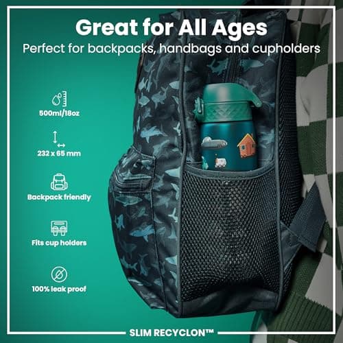Ion8 Water Bottle, 500ml/18oz, Slim Leak Proof & BPA-Free Drinking Bottle, Secure Lock Prevents Spills, Dishwasher Safe, Carry Handle, Ideal for Adults & Kids - Travel, Gym & School, Aqua, Cars — view 2