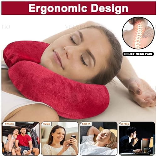 VELVETIO Memory Foam Neck Pillows for Sleeping, Lightweight U Shape Head Support Travel Pillow for Airplane, Soft Removeable Cover Ideal for Car & Office, Red — view 6