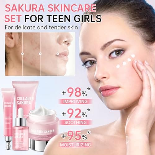 JAPAN SAKURA Skin Care Set, Cherry Blossom Skincare Set for Teen Girls & Women, Moisturizing & Repairing Skin, 4 Pcs Collagen Skin Care Kits for Travel with Facial Cleanser, Serum, Cream & Eye Cream — view 3