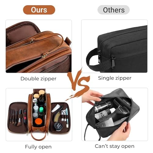 Elviros PU Leather Toiletry Bag for Men Water-Resistant, Brown-Large — view 4