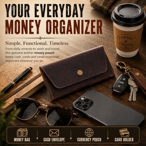 TheAntiq Leather Cash Envelope Wallet Slim Money Organiser Minimalist Travel Currency Pouch for Cash & Cards Full Grain Leather (Brown) — view 5