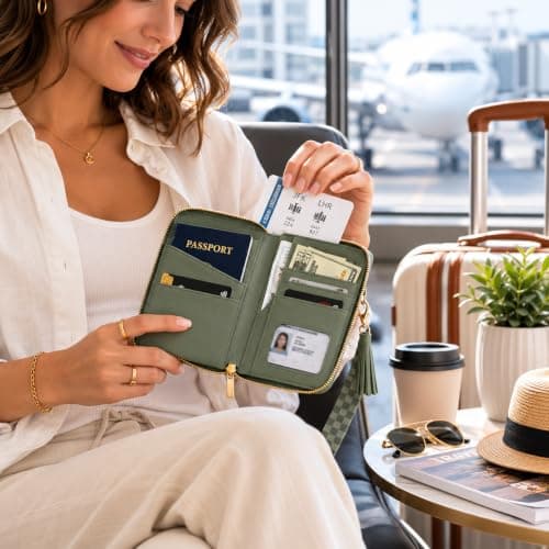 Vellichor Europe Olive Green Passport Wallet with RFID Blocking, for Cash/Cards/Boarding Pass, Travel Holder with Strap, Zip, Organiser with Card Slots, Cash Pocket & ID Window — view 5