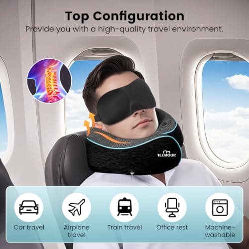 Teemour Neck Pillow Airplane Memory Foam Travel Pillow With Support Includes Storage Bag, Eye Mask, Earplugs, Adjustable Travel Pillow for Long Flights, Train, Car & Business Trips (Black) — view 2
