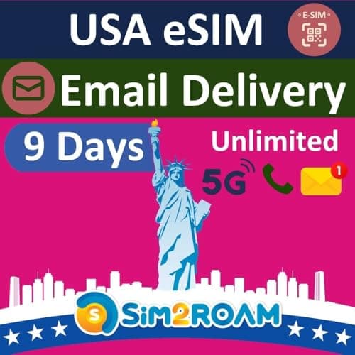 USA Travel eSIM, uses T-Mobile Network | 9 Days Unlimited 5G Data in USA (incl. Hawaii) | Low-Speed Data in Canada & Mexico | Unlimited Calls & Texts | USA Native eSIM | Instant Email Delivery