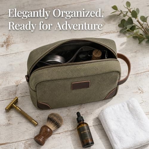 Unisex Canvas Toiletry Bag Travel Wash Bag for Men and Women, Water-Resistant Makeup Bag Shower Bag for Travel Essentials and Holiday Accessories, Army Green — view 2