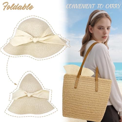 lifwimner Straw Sun Hats for Women UV Protection, Foldable Floppy Bowknot Straw Hats Wide Brim Summer Beach Cap with Chin Strap for Beach Vacation Travel Holiday (UK, Alpha, M, Beige) — view 4