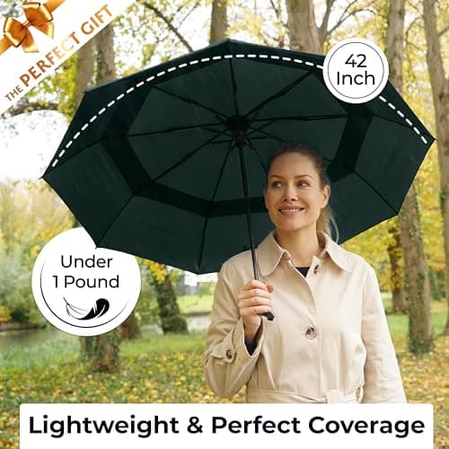 TUMELLA Strongest Windproof Travel Umbrella (Compact, Superior & Beautiful), Small Strong but Light Portable and Automatic Folding Rain Umbrella, Durable Premium Grip, Fits Car & Backpack Green — view 5