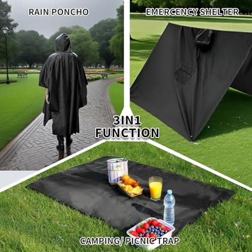 Houbobo Hooded Rain Poncho for Adults with Pocket, Waterproof Lightweight Raincoat Jacket for Men Women, Perfect for Outdoor Hiking Camping Emergency (Black) — view 3