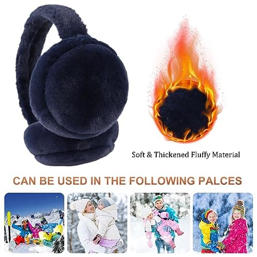 XIAOHAWANG Fluffy Ear Muff for Women Plush Foldable Earmuffs Kids Winter Earmuffs Girls Boys Cold Weather Ear Warmer (Navy) — view 3
