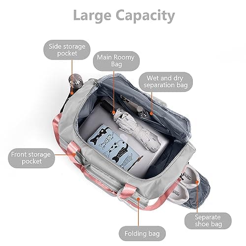 flintronic Travel Duffel Bag, Foldable Gym Bag- Overnight Weekend Bags for Women Men, with Wet and Dry Separation, Large Capacity Holdall Bag for Sports and Travel - Grey & Pink — view 3