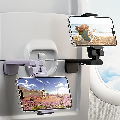 (2 Pack)Airplane Phone Holder - Klearlook 4 in 1 Adjustable Phone Stand for Travel, 360 Rotation Handsfree Flight Phone Holder, Foldable Travel Essentials for Flying/Traveling/Home/Office-Black Purple