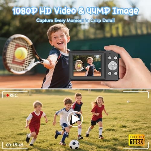 Digital Camera 1080P 44MP Vlogging Camera for Kids Teens, FHD Compact Portable Photo Camera with 2.4" Screen 16X Zoom, Anti-shake Mini Camera for Beginners Students Boys Girls-Black (No SD Card) — view 2