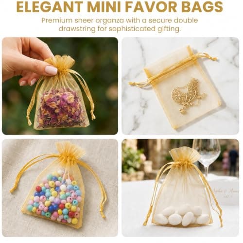 Admygo Gold Organza Bags 50PCS, Small Gift Bags 7x9 cm Clear Mesh Pouches with Drawstring, Mini Favour Bags for Wedding, Christmas, Birthday, Candy, Jewellery, Party Supplies — view 6
