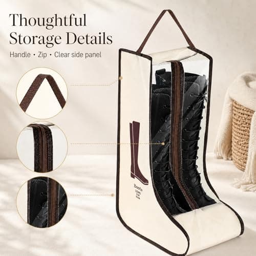 Long Boot Storage Bag, Cream, Clear Viewing Panel, Zip Opening, 1 Pair | Tall Enclosed Format, Bound Edges, Top Carry Handle, for Organising Footwear in Wardrobes and Carrying During Travel — view 5