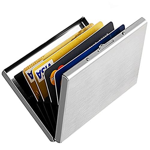 Enyoir Slim RFID Credit Card Protector Wallet, Block Identity Thieves, Stainless Steel Aluminum Metal Holder Case with 6 PVC Slots, Silver