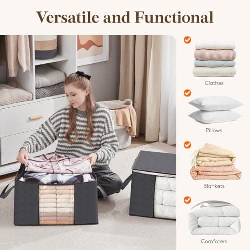 Lifewit 95L Clothes Storage Bags Large Storage Box With Lid Packing Boxes for Moving House With Reinforced Handle Thick Fabric Clear Window for Clothes Duvet Blankets Bedding, 3 Pack, Grey — view 6