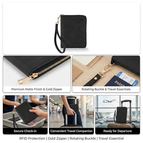 Jdbefuy Passport Holder Travel Wallet, RFID Blocking PU Leather Document Organiser with Secure Zipper Closure and Wrist Strap, Waterproof Holiday Travel Essentials for Men and Women (Black) — view 6