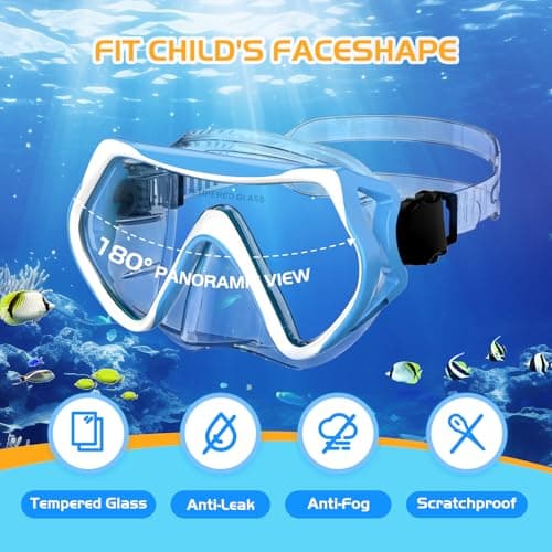 MELUMILU Kids Snorkel Set, Dry Snorkel Set 180° Panoramic Wide View Anti-Fog Scuba Diving Mask, for Kids Youth Boys Girls Junior Age 5-15 (Blue) — view 3