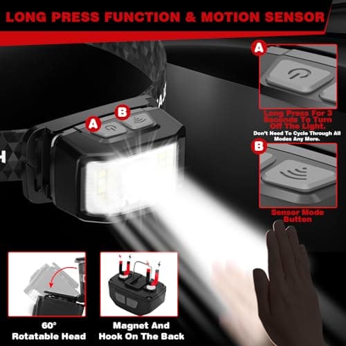 Head Torch 2 Packs,Super Bright 2000 Lumens Motion Sensor 16 Modes (individual Control) Headlamp,2000mAh Battery USB Rechargeable Waterproof LED Head Torch for Camping, Running,Cycling,Fishing — view 4