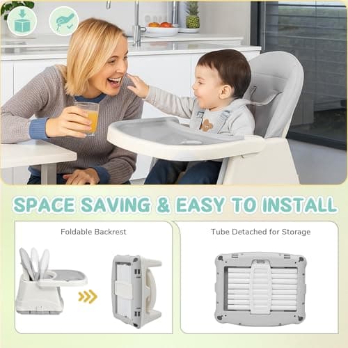 LALAHO 3-in-1 Baby High Chair W/ 5-Point Harness and Locking Wheels, Grey — view 3