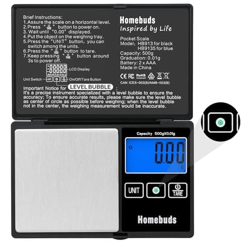 Homebuds 500g Digital Scales High Precision in 0.01g with LEVEL BUBBLE, Assured by Pocket Scales Professional Factory SINCE 2001, Kitchen Scales for Lab, Kitchen, Coffee, Jewelry; 2*AAA, Black