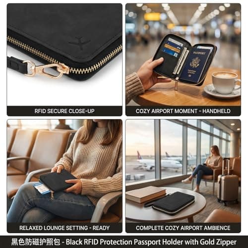 Jdbefuy Passport Holder Travel Wallet, RFID Blocking PU Leather Document Organiser with Secure Zipper Closure and Wrist Strap, Waterproof Holiday Travel Essentials for Men and Women (Black) — view 5