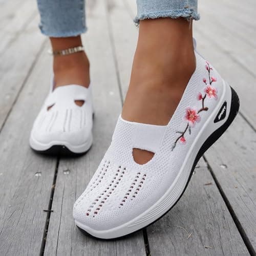 Orthopedic Shoes for Women,Women Comfy Orthopedic Walking Shoes Womens Lightweight Slip-On Knitted Embroidery Sneakers Comfortable Walking Shoes Breathable Slip On Arch Support Non-Slip Sneakers — view 3