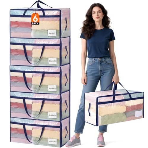Lifewit 6 Pack Large Moving Bags with Lids and Sturdy Handles, 90L Heavy Duty Packing Organizers for Moving House, Clothes Bedding Blanket Comforter Toys Storage Bags, Transparent