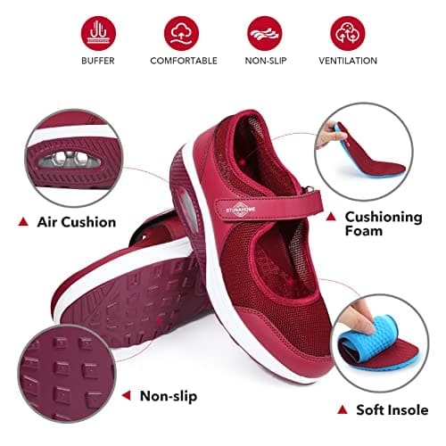 STUNAHOME Women Mary Jane Sneakers Breathable Mesh Air Cushion Comfortable Lightweight Casual Walking Shoes Maroon — view 6