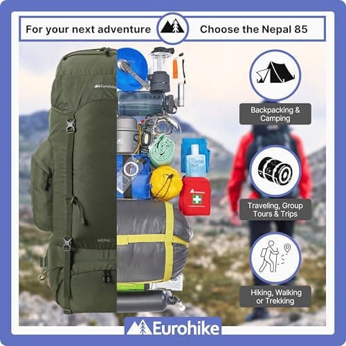Eurohike Nepal 85 Litre Rucksack with Ventilated Back Panel & Padded Harness, 85L Backpack, Bag for Men & Women, Adjustable, Lightweight, Camping, Hiking, Trekking, Travelling, Outdoor, Green — view 6