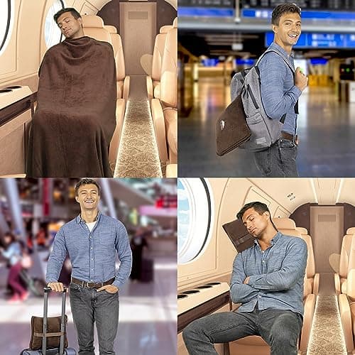 BlueHills Premium Soft Travel Blanket Pillow Airplane Blanket Soft Bag Pillow case with Hand Luggage Belt and Backpack Clip Compact Pack Large Blanket Throw Air Plane Flight Travel (Brown T009) — view 3