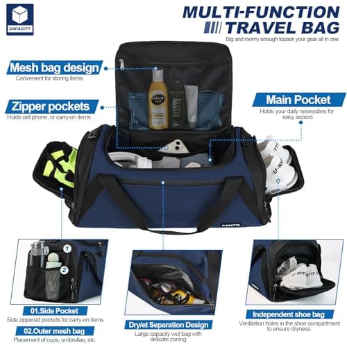FIORETTO 45L Mens Sports Gym Bag with Wet Pocket & Shoe Compartment, Travel Duffle Bag Overnight Bag with Padded Shoulder Strap, Water-Resistant Holdall for Swimming, Basketball, Football Navy — view 3